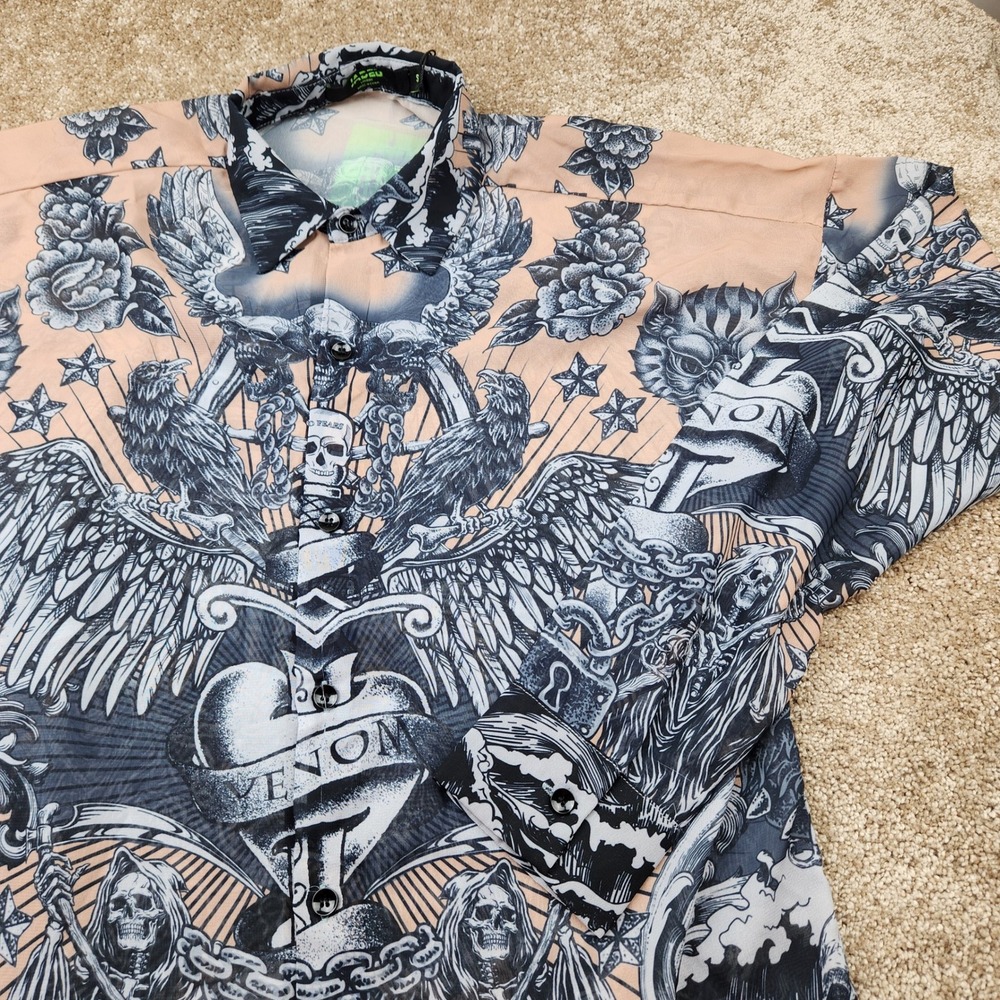 Jaded London Women Small Tattoo Print Button Down Shirt Venom Skull Gothic Peach